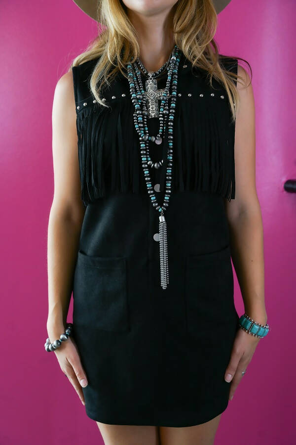 Black Suede Studded Fringe Dress