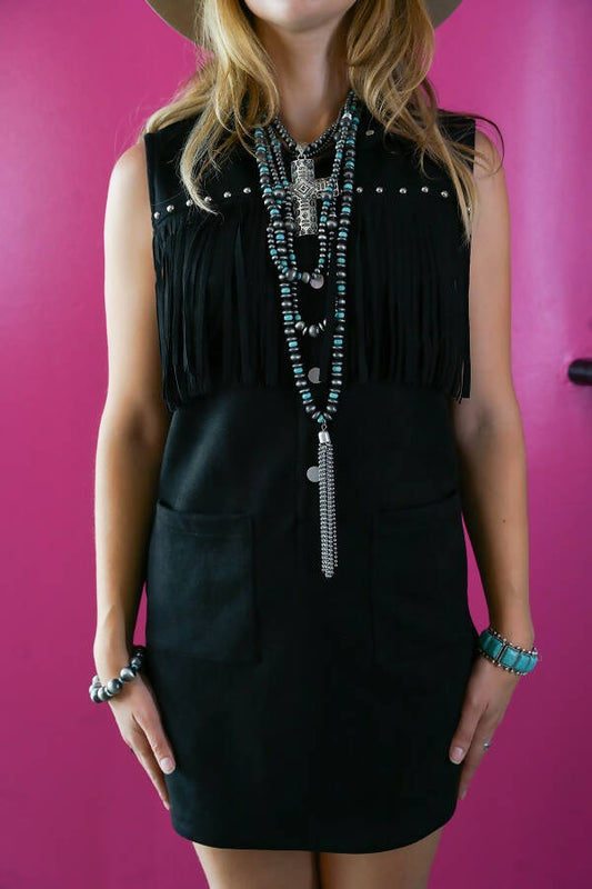 Black Suede Studded Fringe Dress