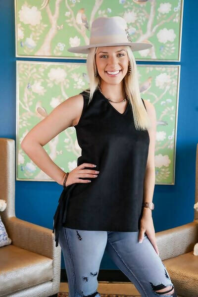 Black Suede Tank Top W Sides Fringes