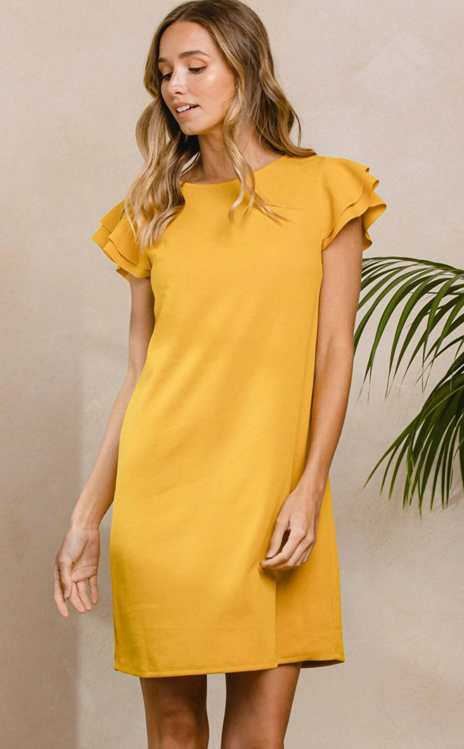 Womens Mustard Ruffle Sleeve Dress