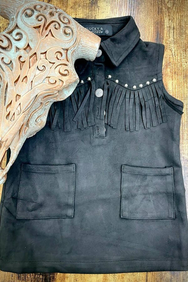 Girls Black Suede Studded Fringe Front Sleeveless Dress